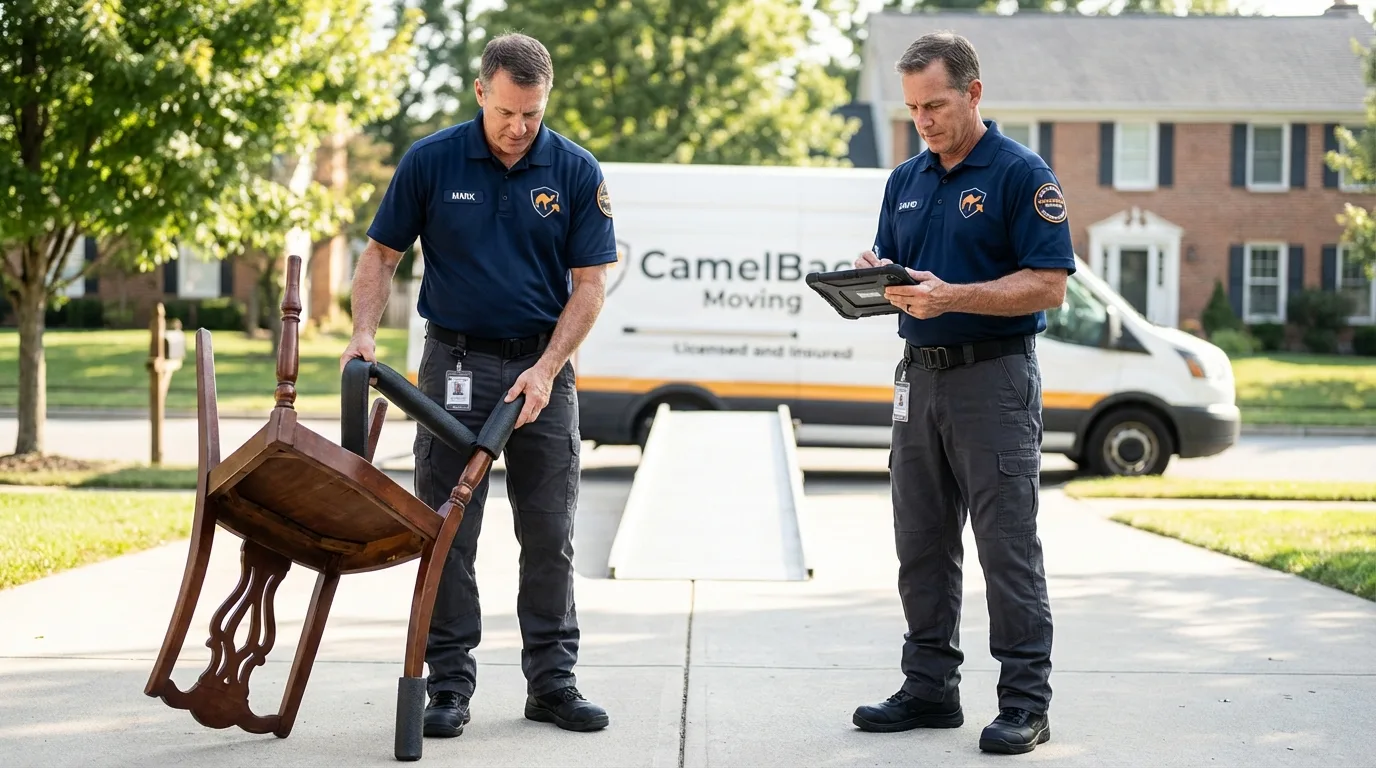 Movers inspecting furniture for damage prevention before loading in Saint Johnsville, NY
