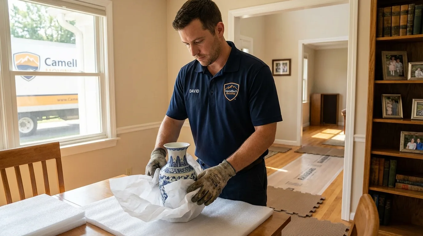 Professional crew carefully wrapping antique vase for senior downsizing move in Saint Johnsville, NY